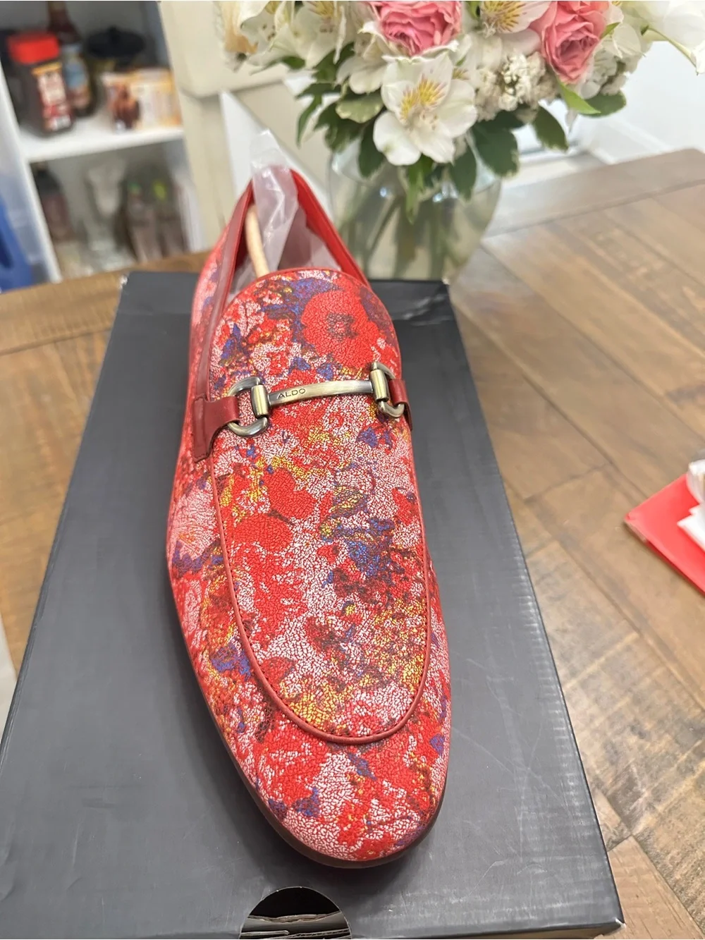 Aldo Red Floral Print Leather Bit Loafers